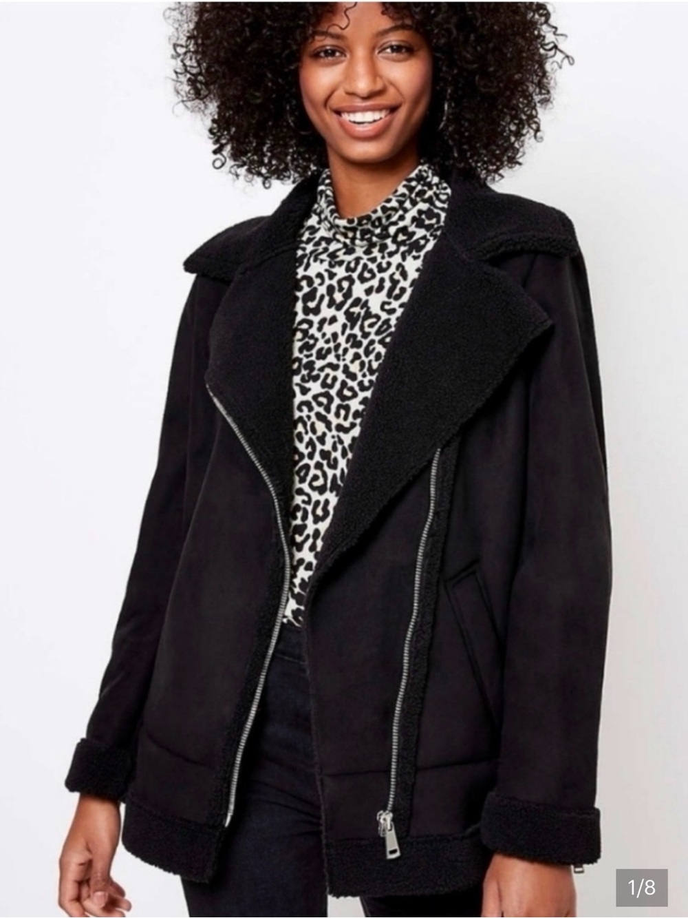 LOFT Black Faux-Shearling Aviator Jacket - Women